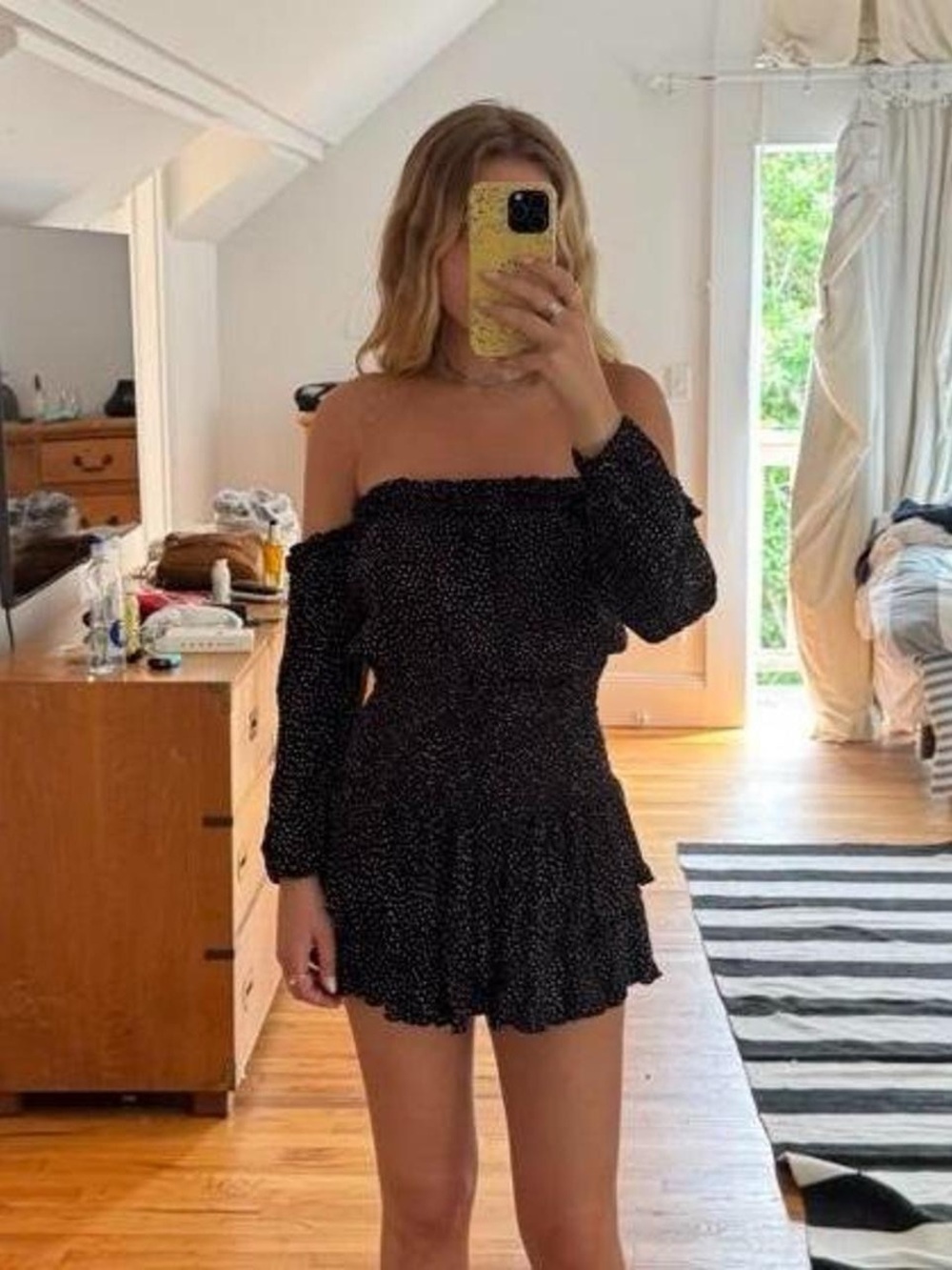 Off-Shoulder Black Mini Dress with Subtle Dot Print